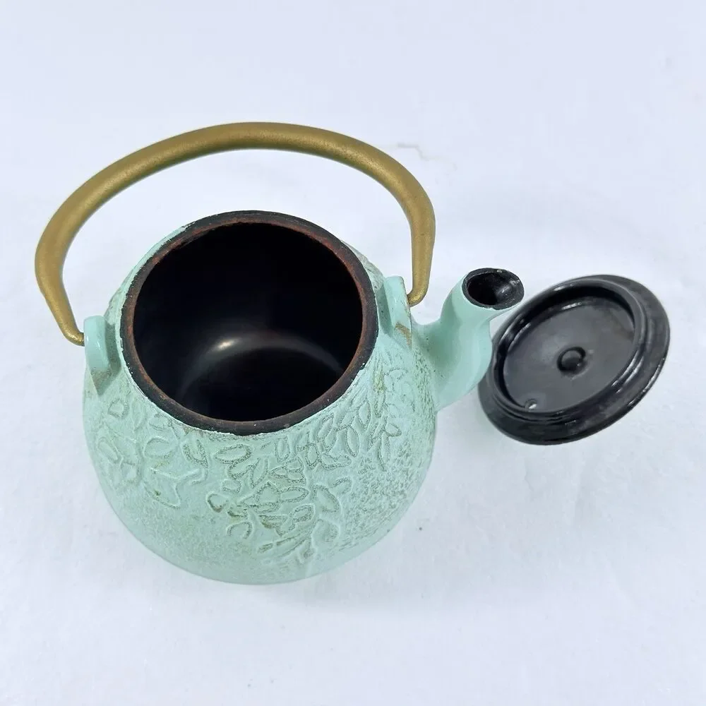 Vintage Japanese Cast Iron Teapot Green Embossed Leaf Design W/ Lid & Handle